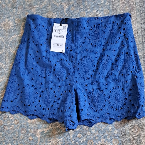 Zara High Waist Blue Eyelet Shorts - Picture 1 of 5